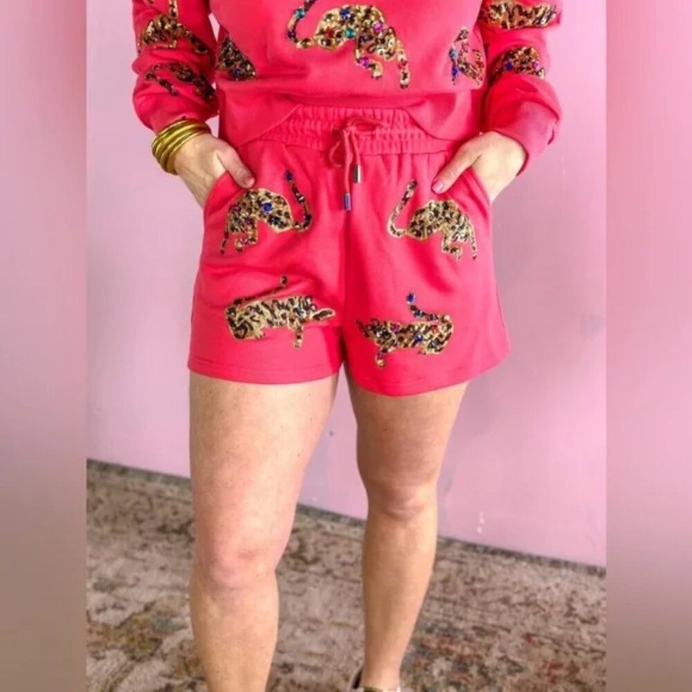 QUEEN OF SPARKLES sequin leopard shorts red size Medium - Picture 8 of 9